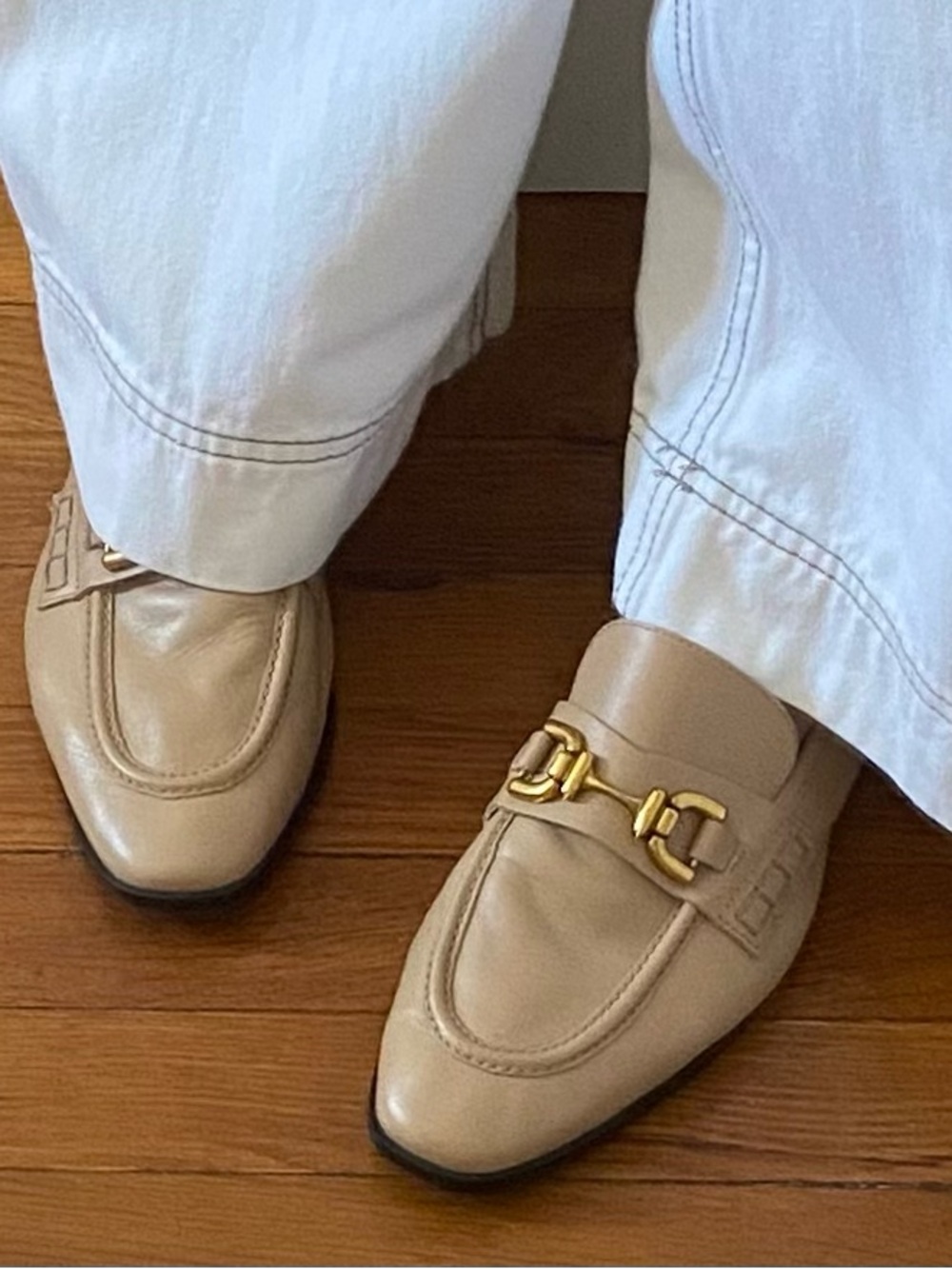 Zara Beige Leather Loafers with Gold Bit